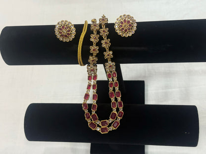 Floral Dual-Layer Stone Necklace Set with Stud Earrings Ruby Red