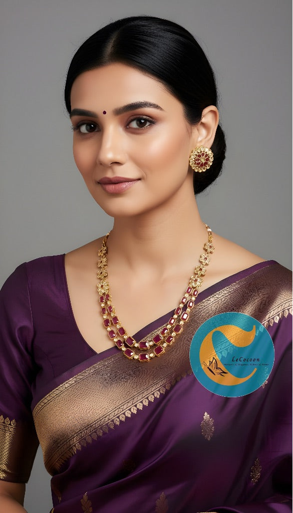 Floral Dual-Layer Stone Necklace Set with Stud Earrings Ruby Red