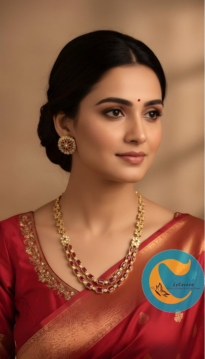 Floral Dual-Layer Stone Necklace Set with Stud Earrings Ruby Red