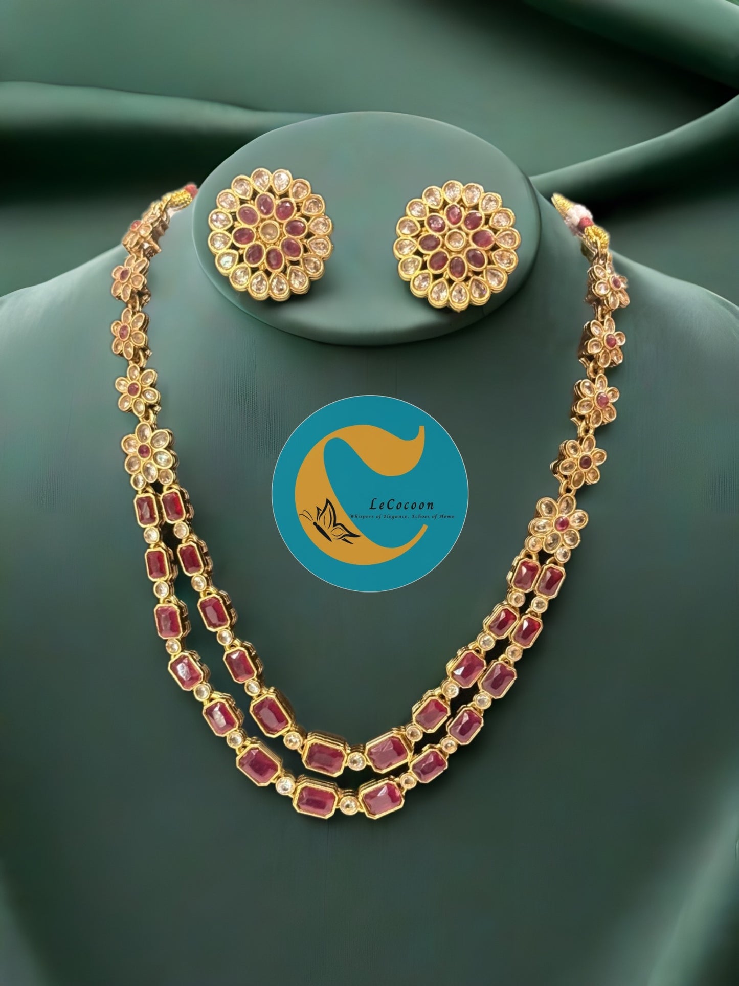 Floral Dual-Layer Stone Necklace Set with Stud Earrings Ruby Red