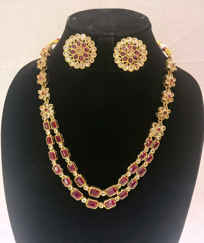 Floral Dual-Layer Stone Necklace Set with Stud Earrings Ruby Red