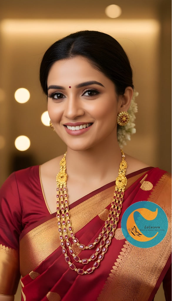 Traditional Kundan Long Layered Necklace Set with Earrings RubyRed