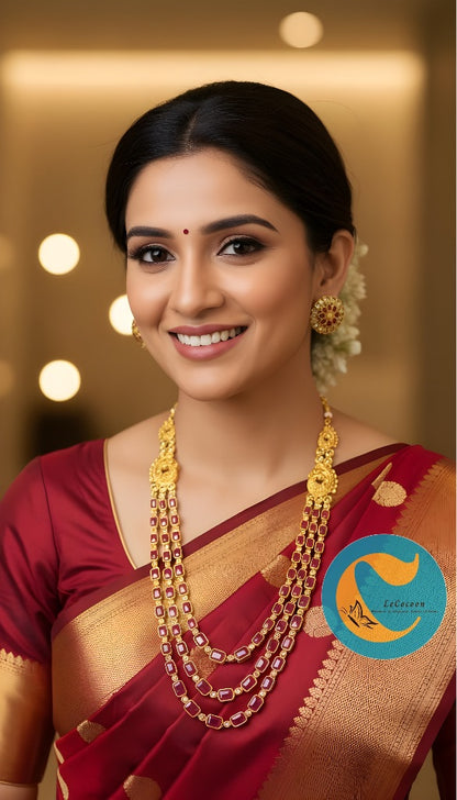 Traditional Kundan Long Layered Necklace Set with Earrings RubyRed