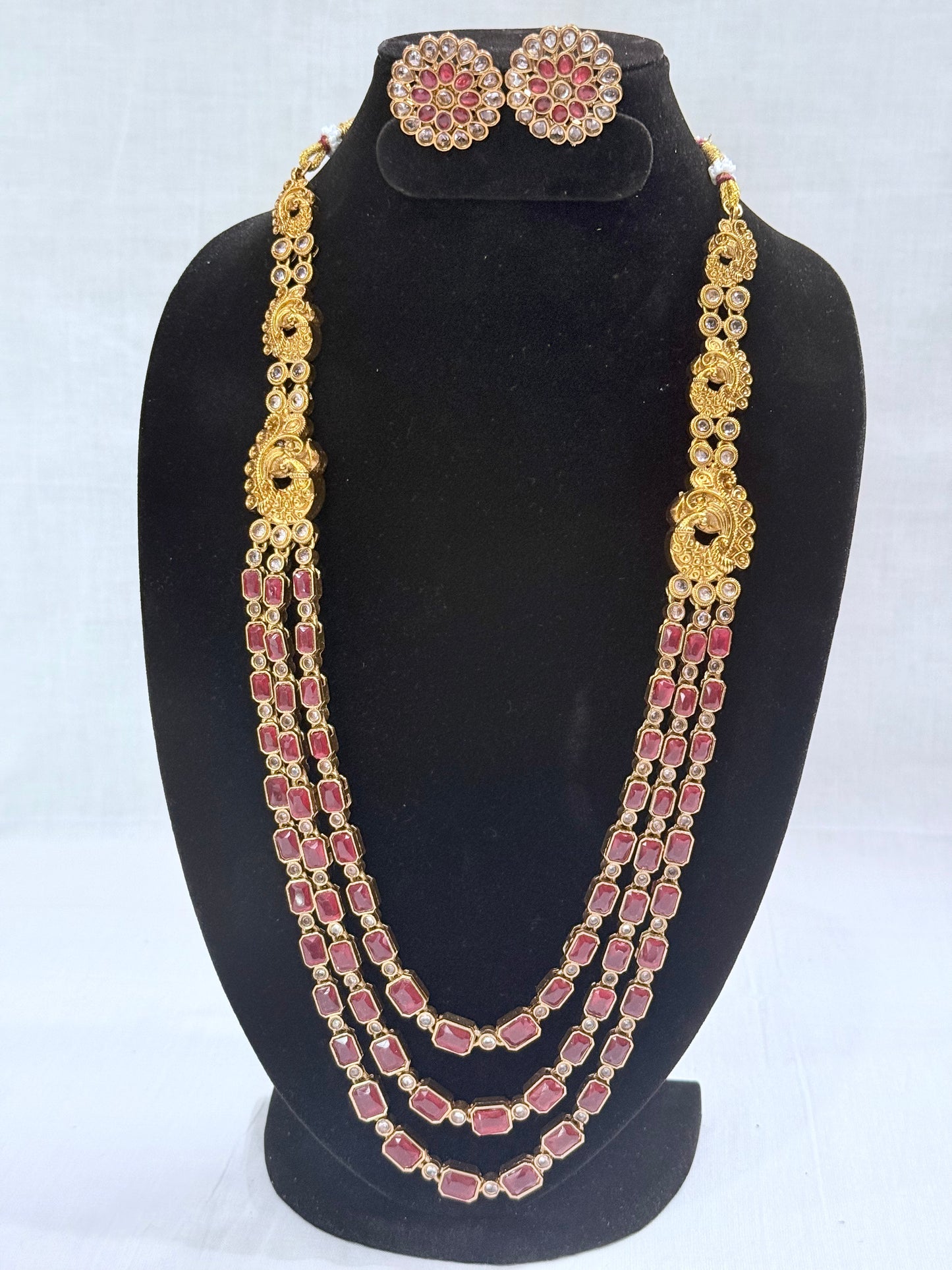 Traditional Kundan Long Layered Necklace Set with Earrings RubyRed