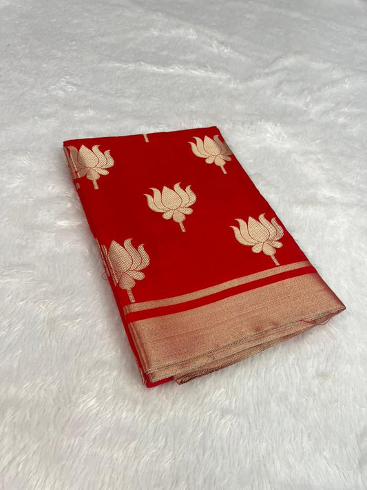 Lotus Aura Red Zari Silk Saree
