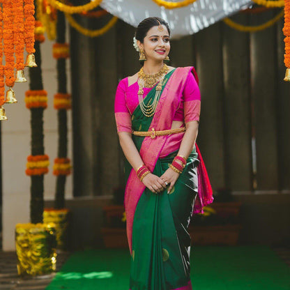 Green & Pink Lichi Silk Jacquard Saree with Rich Pallu