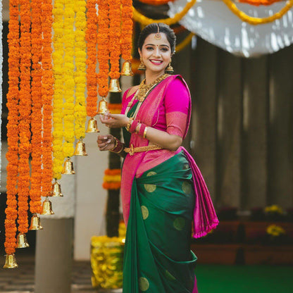 Green & Pink Lichi Silk Jacquard Saree with Rich Pallu