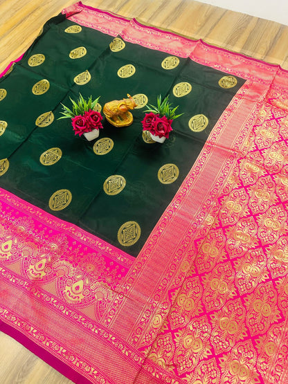 Green & Pink Lichi Silk Jacquard Saree with Rich Pallu