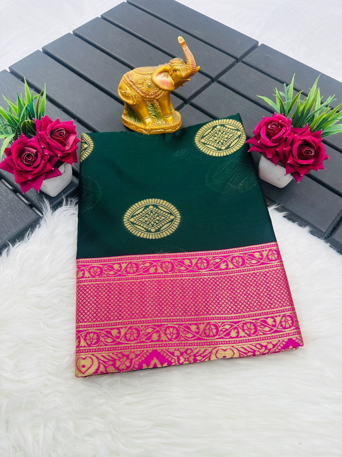 Green & Pink Lichi Silk Jacquard Saree with Rich Pallu