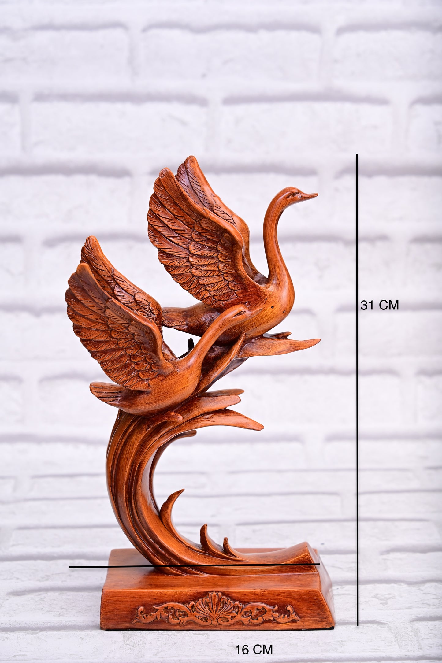 The Soaring Harmony – Swan Trio Resin Sculpture (Wood Finish)