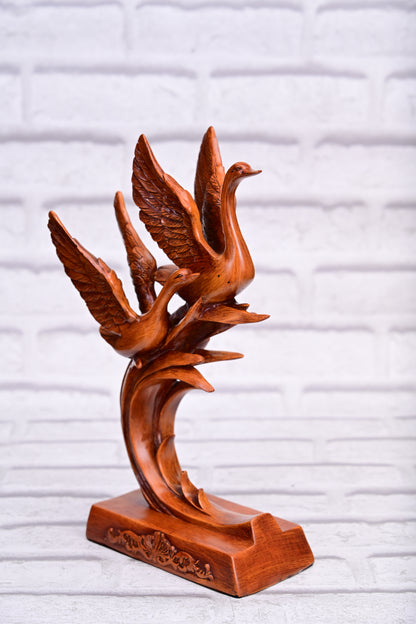 The Soaring Harmony – Swan Trio Resin Sculpture (Wood Finish)