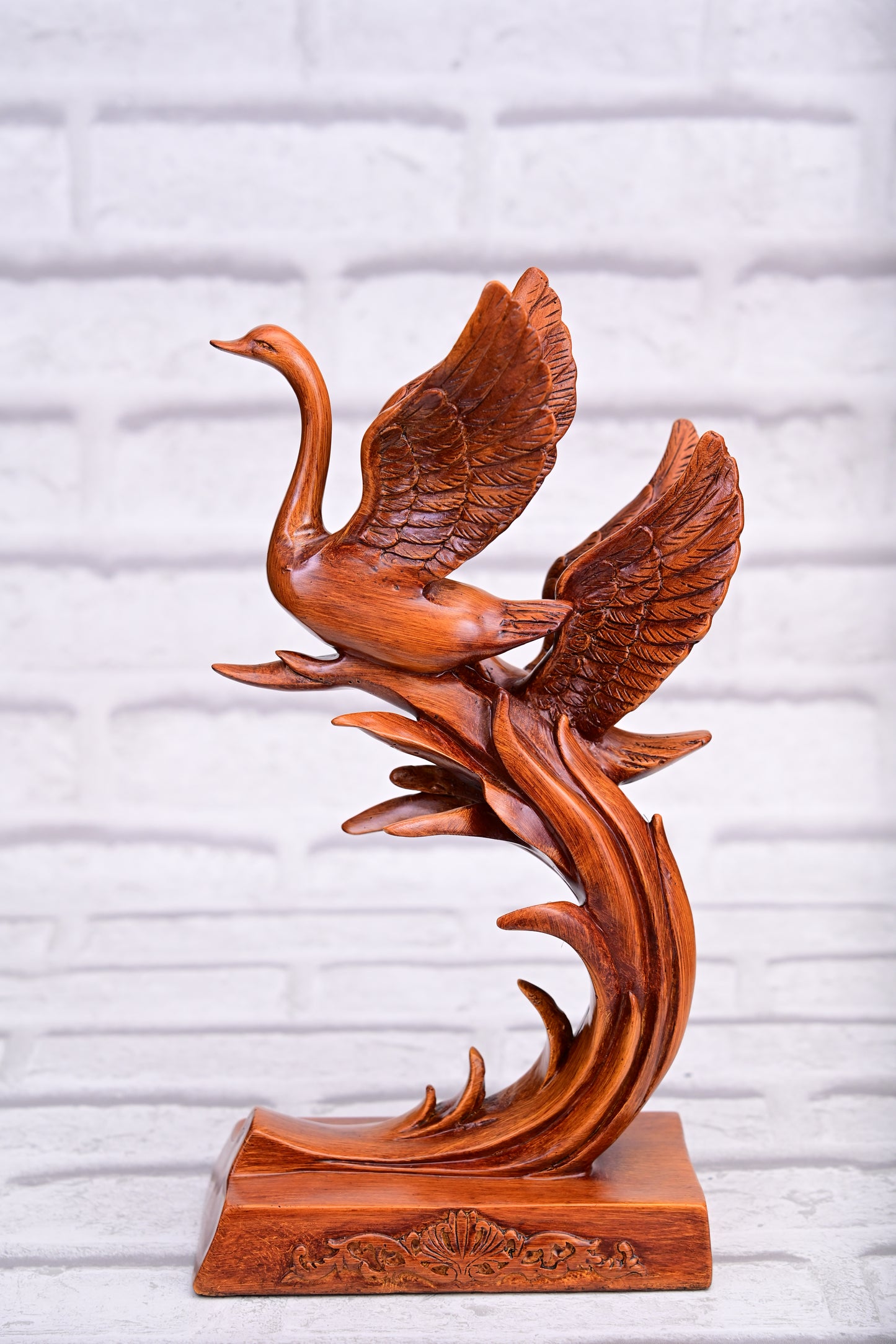 The Soaring Harmony – Swan Trio Resin Sculpture (Wood Finish)