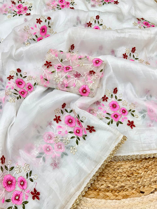 Pearl Petals – White Floral Handwork Saree