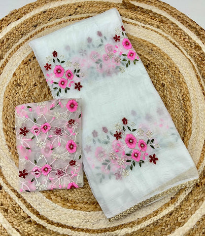 Pearl Petals – White Floral Handwork Saree