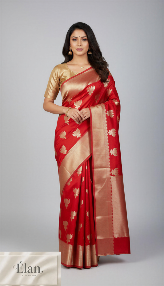 Lotus Aura Red Zari Silk Saree