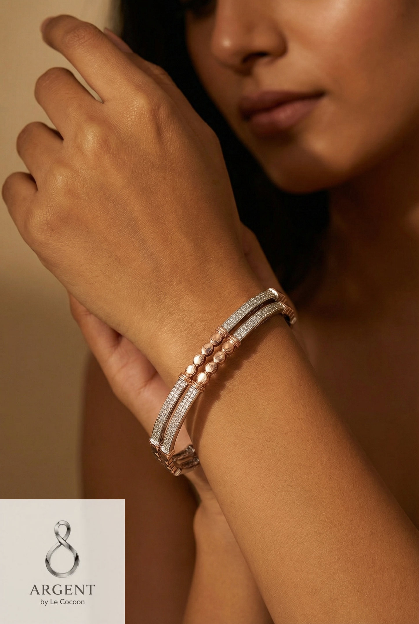 Rose Lumiere 925 Silver Dual-Tone Crystal Bangles