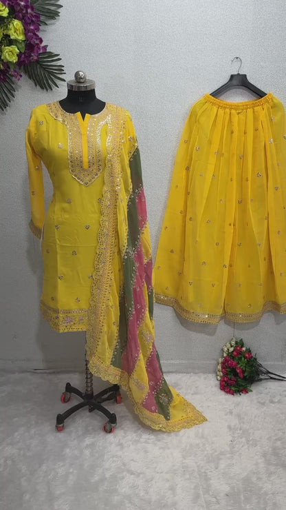 Embroidered Georgette Sharara Suit Set with Dupatta