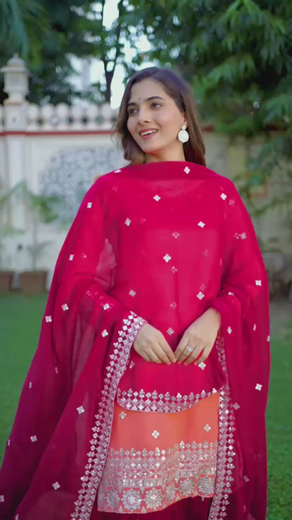 Faux Georgette Kurta Sharara Set with Embroidered Dupatta