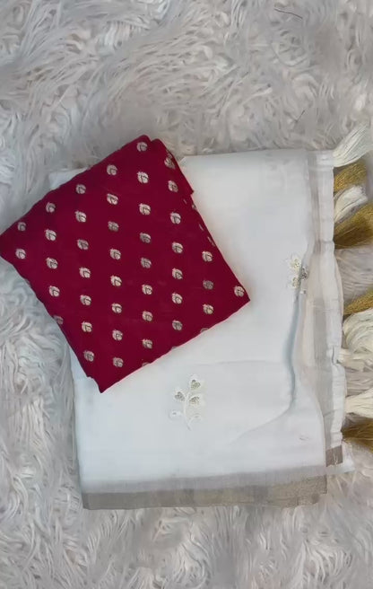 Ivory Elegance Embroidered Saree with Contrast Blouse